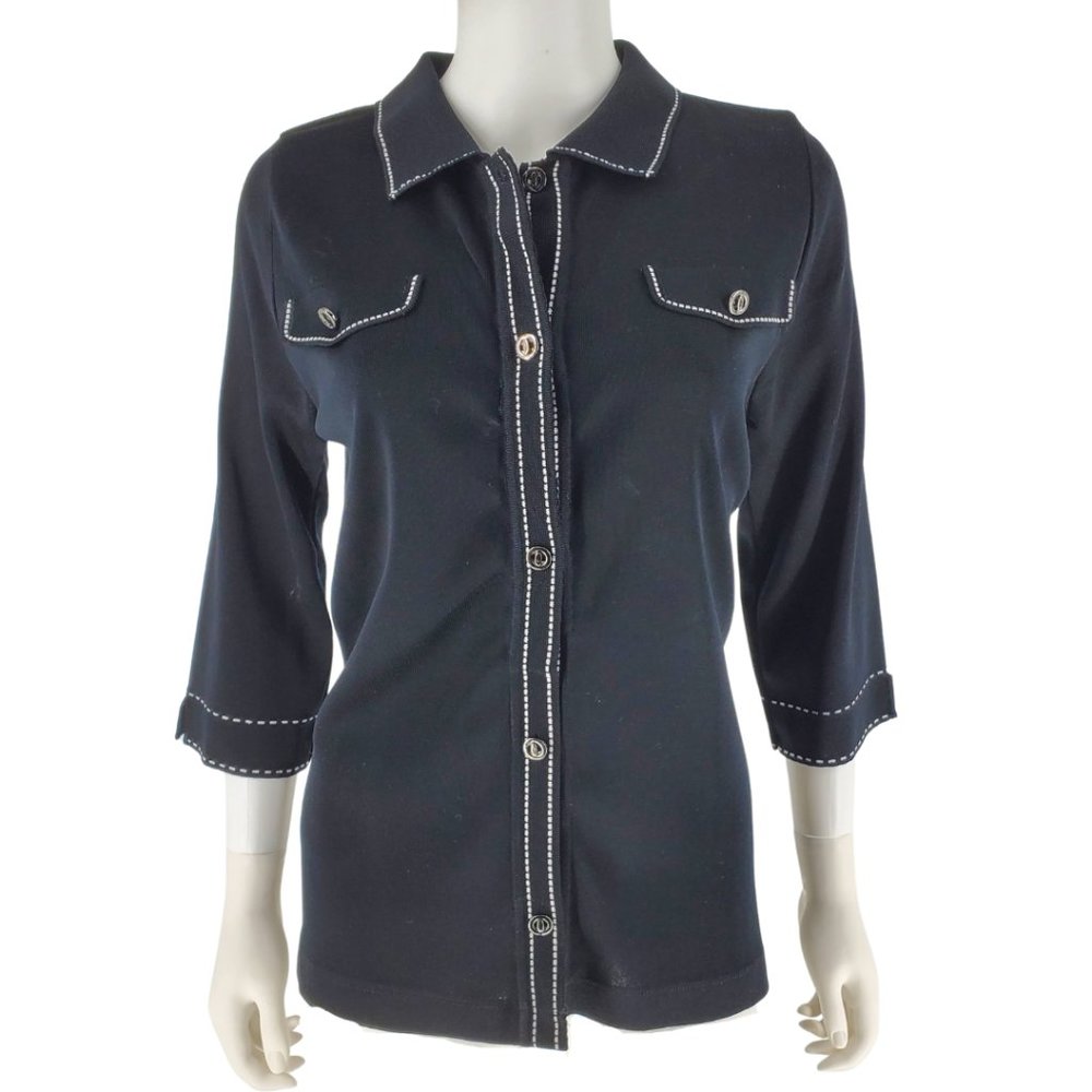 Ming Wang Button Up Collar 3/4 Sleeve Knit Top